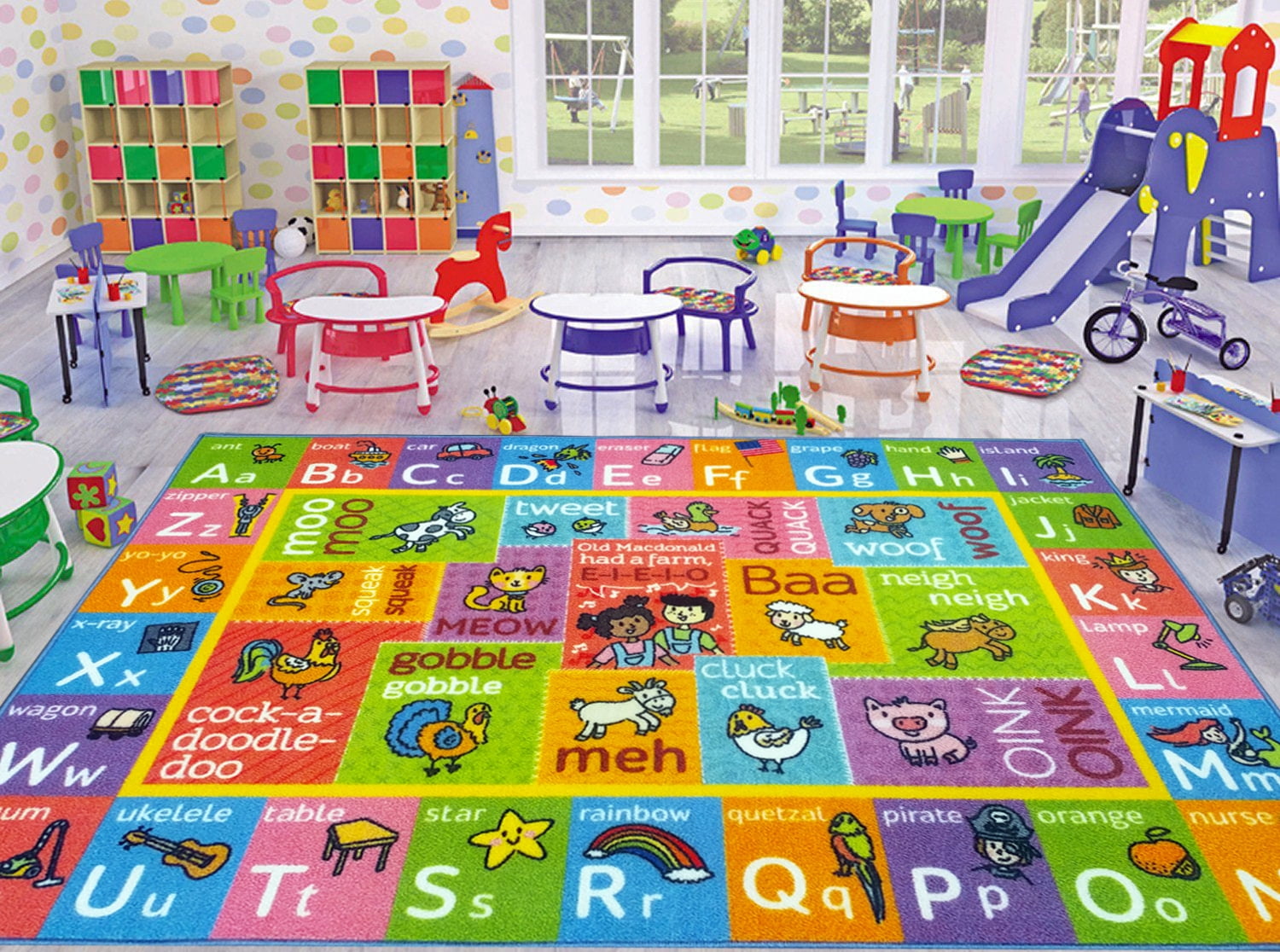 KC Cubs Playtime Collection ABC Alphabet with Old McDonald's Animals Educational Learning Polypropylene Kids and Children Area Rug (8'2" x 9'10")