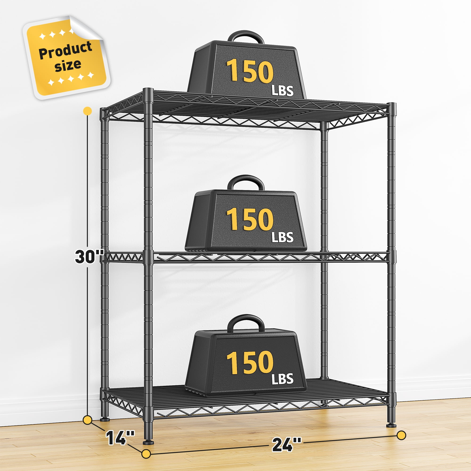 REIBII 3 Tier Wire Shelving Unit,24"W Adjustable Metal Storage Rack,Multipurpose Shelf for Kitchen,Laundry,Bathroom,Black