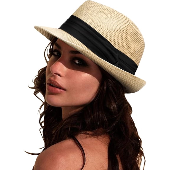 Minzimin Women Straw Panama Hat Travel Fedora Beach Sun Hat Summer Wide Brim Straw Roll up Hat UPF 50