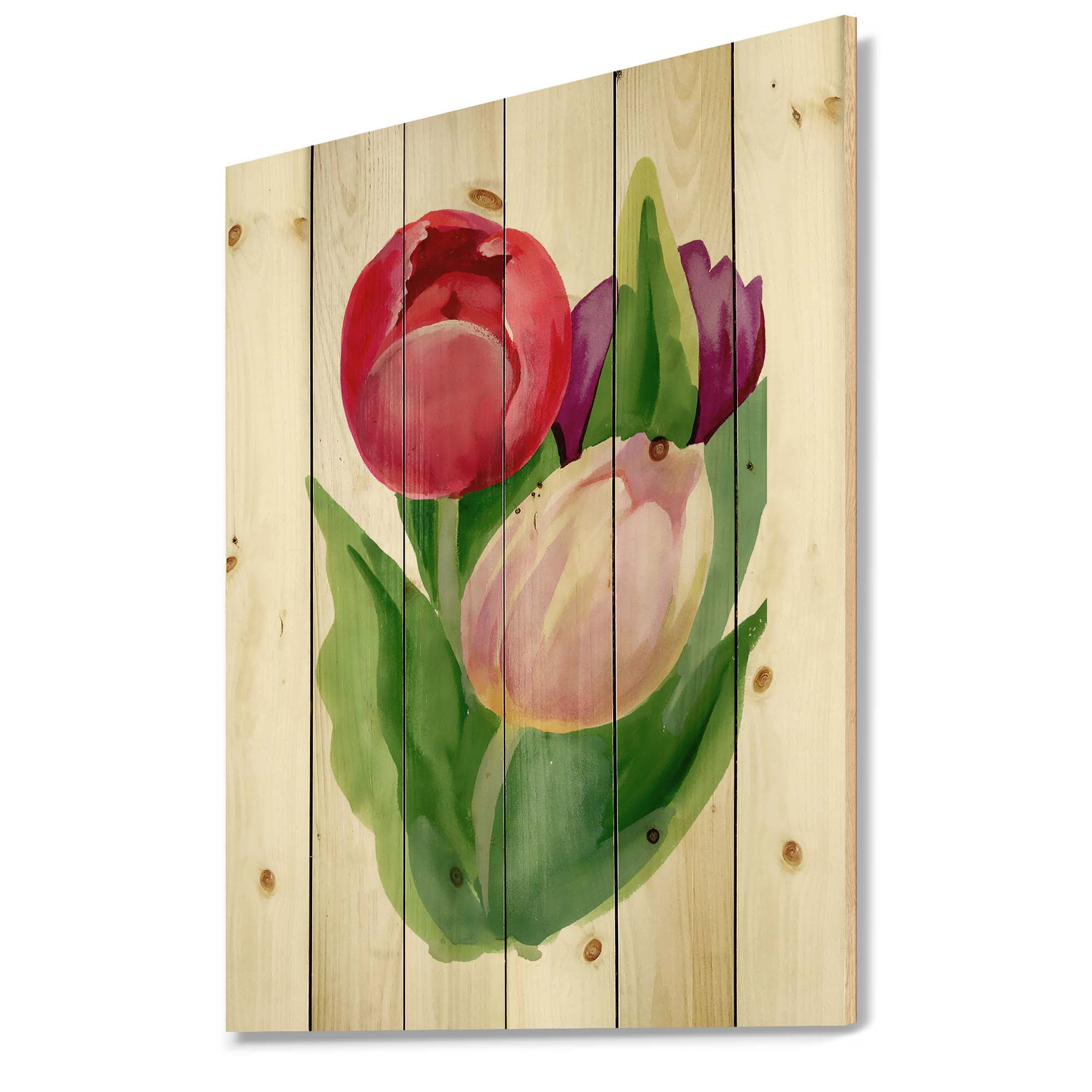 Designart 'Beautiful Tulip Flowers Red and Pink' Traditional Print on Natural Pine Wood