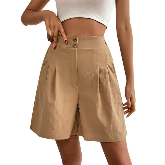 vigerkar Bermuda Shorts for Women Knee Length Casual Summer 2025 Trendy Elastic Wide Leg Short with Pockets Khaki, L