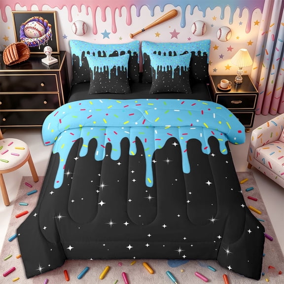 Castle Fairy Ice Cream Drip Twin Bedding 7-Piece, Stars Print Bedding Comforter Set,Black Blue,Black Reversible