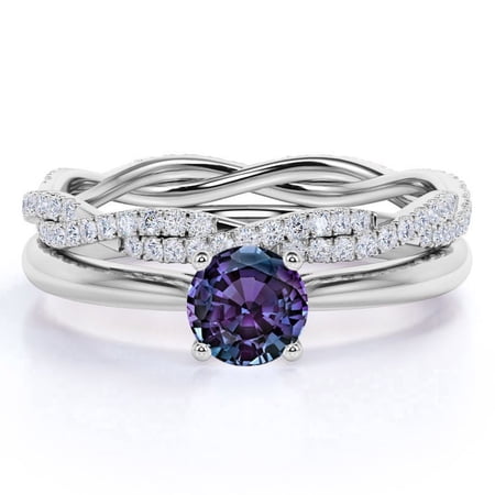 JeenMata 1 Carat Round Brilliant Cut Lab Created Alexandrite and Moissanite Modern Twisted - Unique Gemstone - Wedding Ring Set 18k White Gold over Silver
