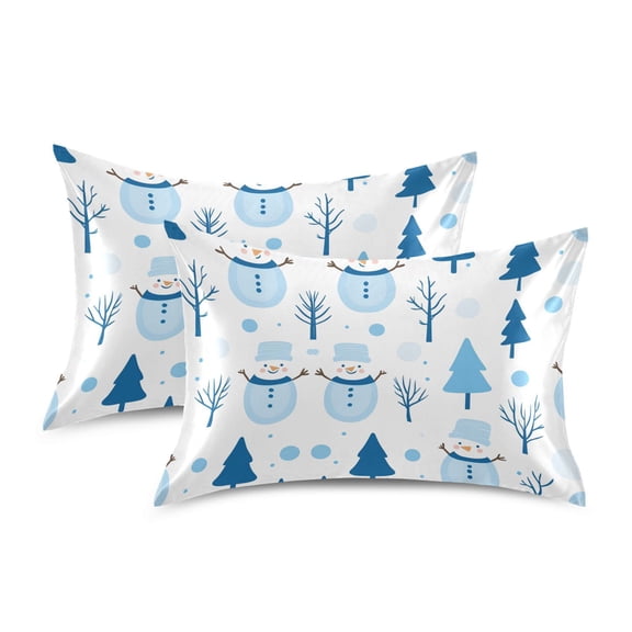 Yayeee Pillowcase Standard Size Set of 2 Satin Wrinkle Resistant Pillow Case, Blue Simple Cartoon Snowmen