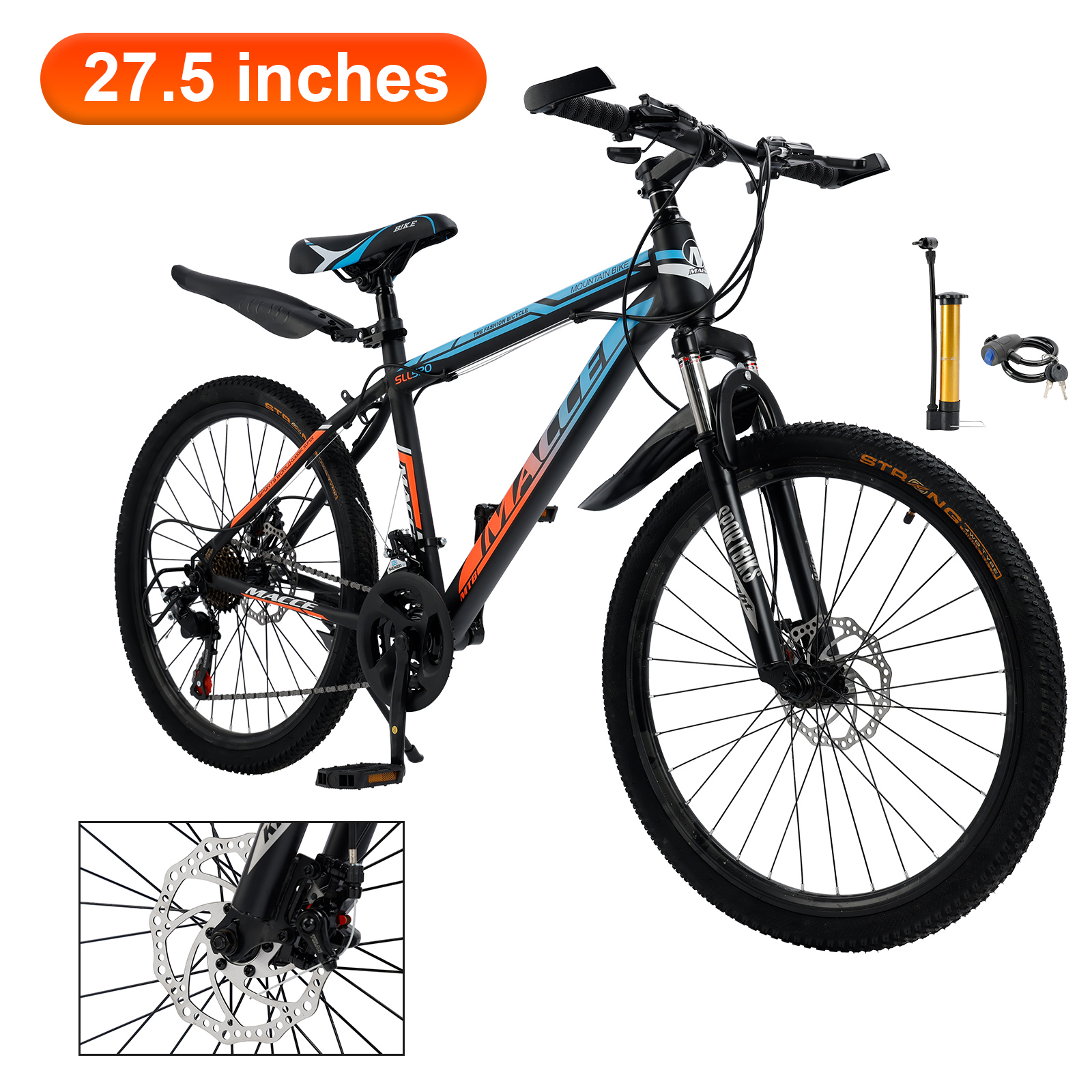 27.5" Spoke Wheel 24 Speed Mountain Bicycle Adult Bike MTB w/ fender Blue & Orange