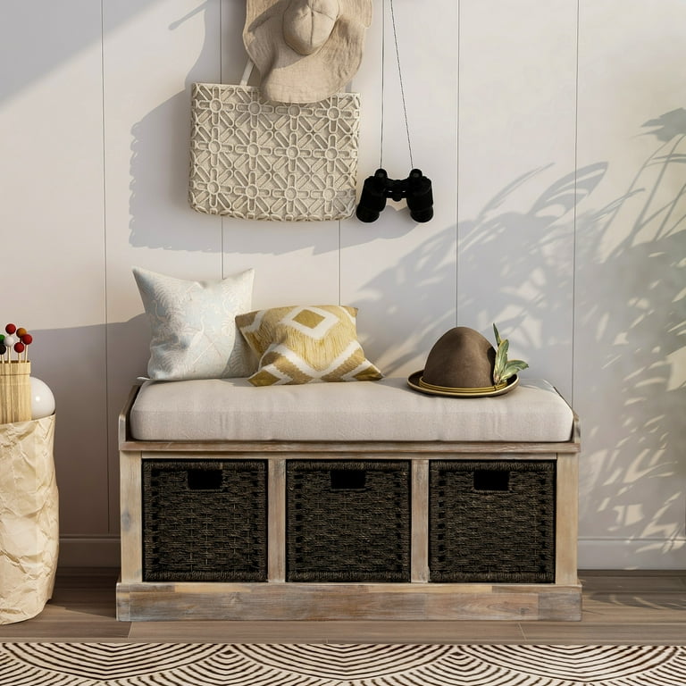 Free Shipping EUROCO 41 500LBS Rustic Storage Bench Entry Bench Storage Bench with 3 Removable Classic Rattan Baskets Removable Cushions Wood Funiture for Living Room Balcony White Walmart