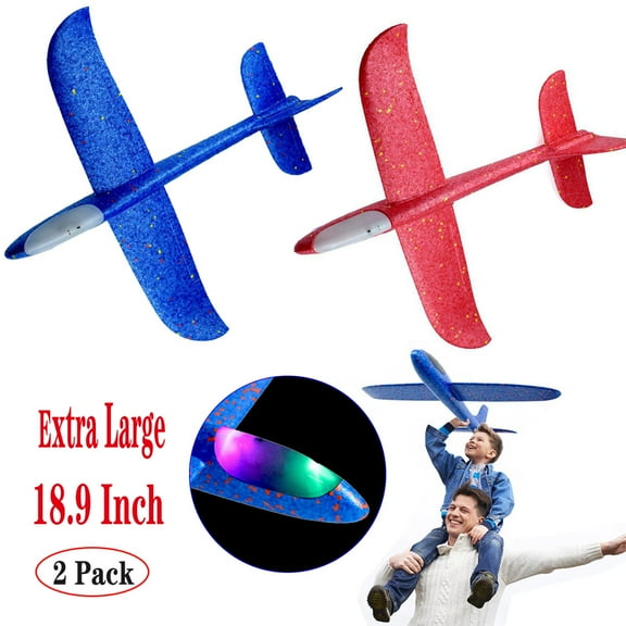 Amerteer 2 Pcs Airplane Toys, Upgrade 18.9" Large Throwing Foam Plane With Flash LED Light , Flying Toy for Kids, Gifts for 3 4 5 6 7 Year Old Boy, Outdoor Sport Toys Birthday Christmas Gift