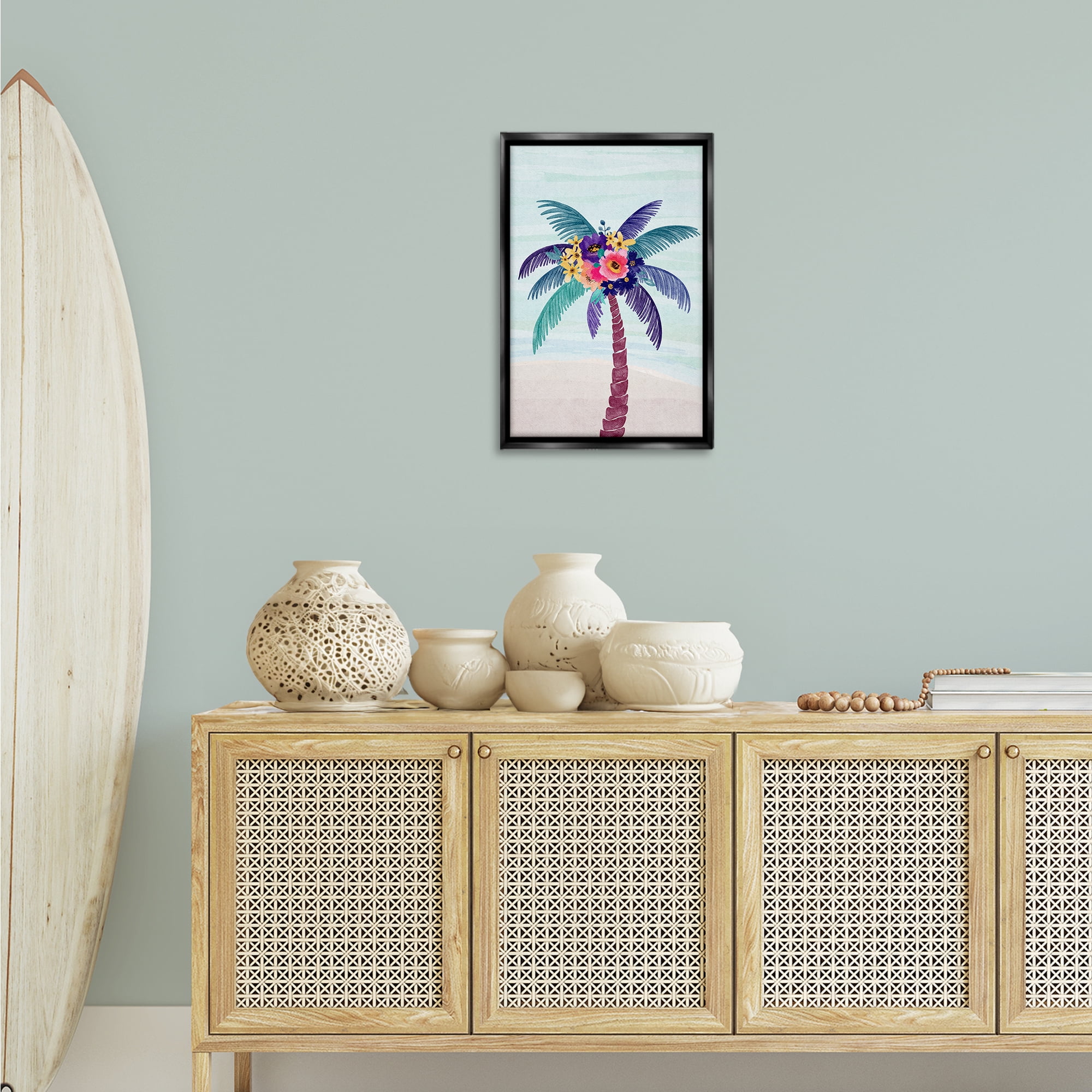 Stupell Industries Floral Palm Tree Beach Plants & Flowers Painting Black Floater Framed Canvas Art Print Wall Art, 17 x 25