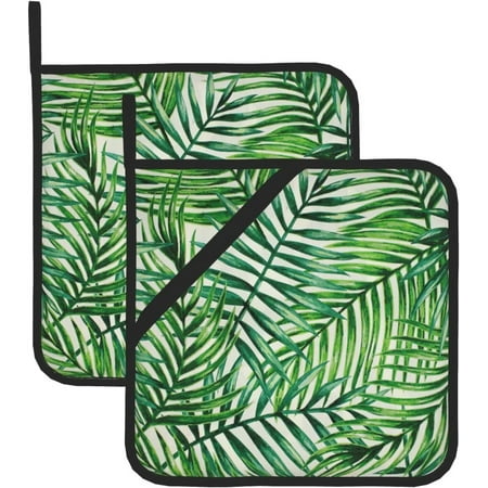 

JUSIP Banana Leaf Green Print Pot Holders Set of 2 Heat Resistant Potholders for Kitchen Microwave Cooking