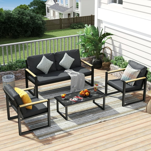 Aluminum Patio Furniture Set, 4 Pieces Patio Furniture with Coffee Table Set, Outdoor Modern Patio Conversation Sets with Removable Cushions