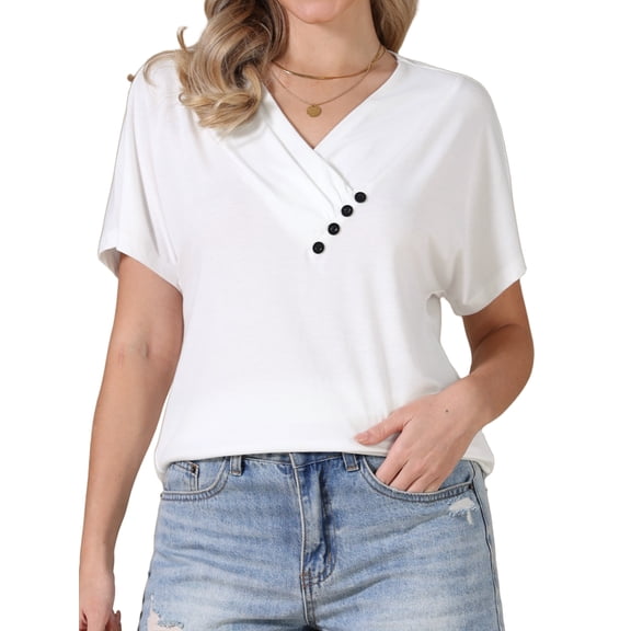 DARING DIVA Women's Summer Short Sleeve Tunic Tops Casual V Neck Button Shirts S White