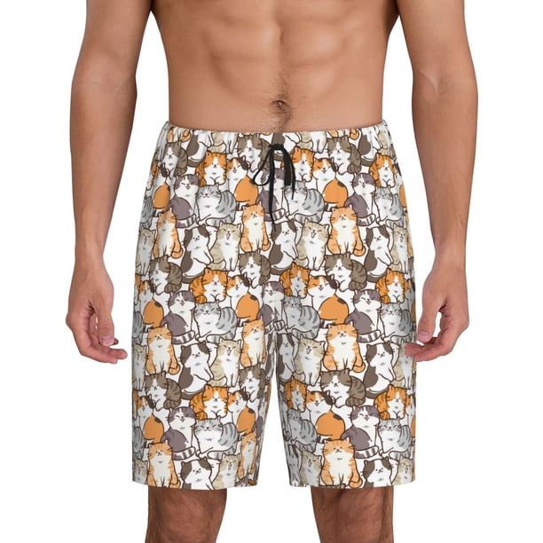 Fotbe Cartoon Cat Pantalones Cortos de Pijama para Hombre, Ropa de Dormir, Pantalones de Pijama Cortos para Hombre-Small