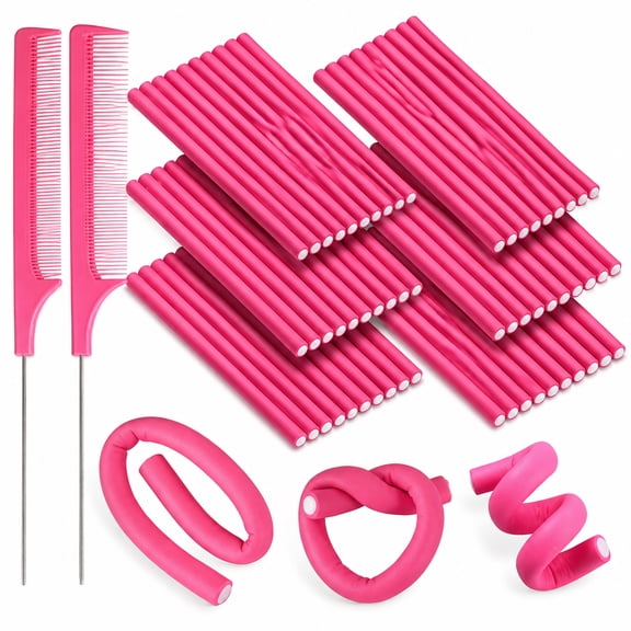 JKXTDKS 60 Pieces Flexible Curling Rods Hair Curlers Rollers Twist Flexi No Heat Rods Rollers for Long Short Hair Women 0.3 x 7 Inch, Pink