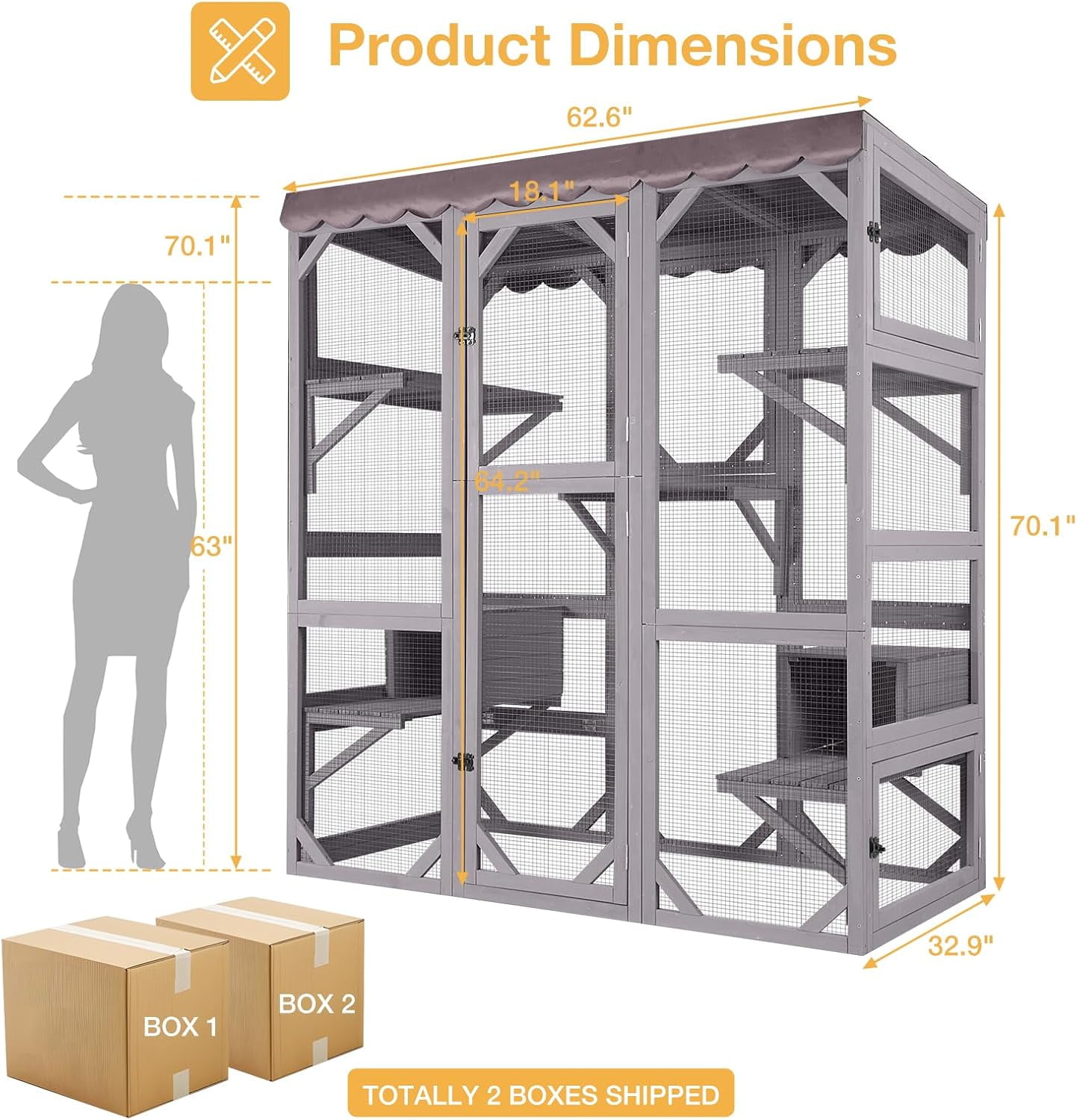 MEDEHOO Outdoor Catio Cat Enclosure, Walk-in Cat House with 7 Jumping Platforms & Weatherproof Asphalt Roof, Large Cat Cage with 2 Napping Houses, Gray 70"H