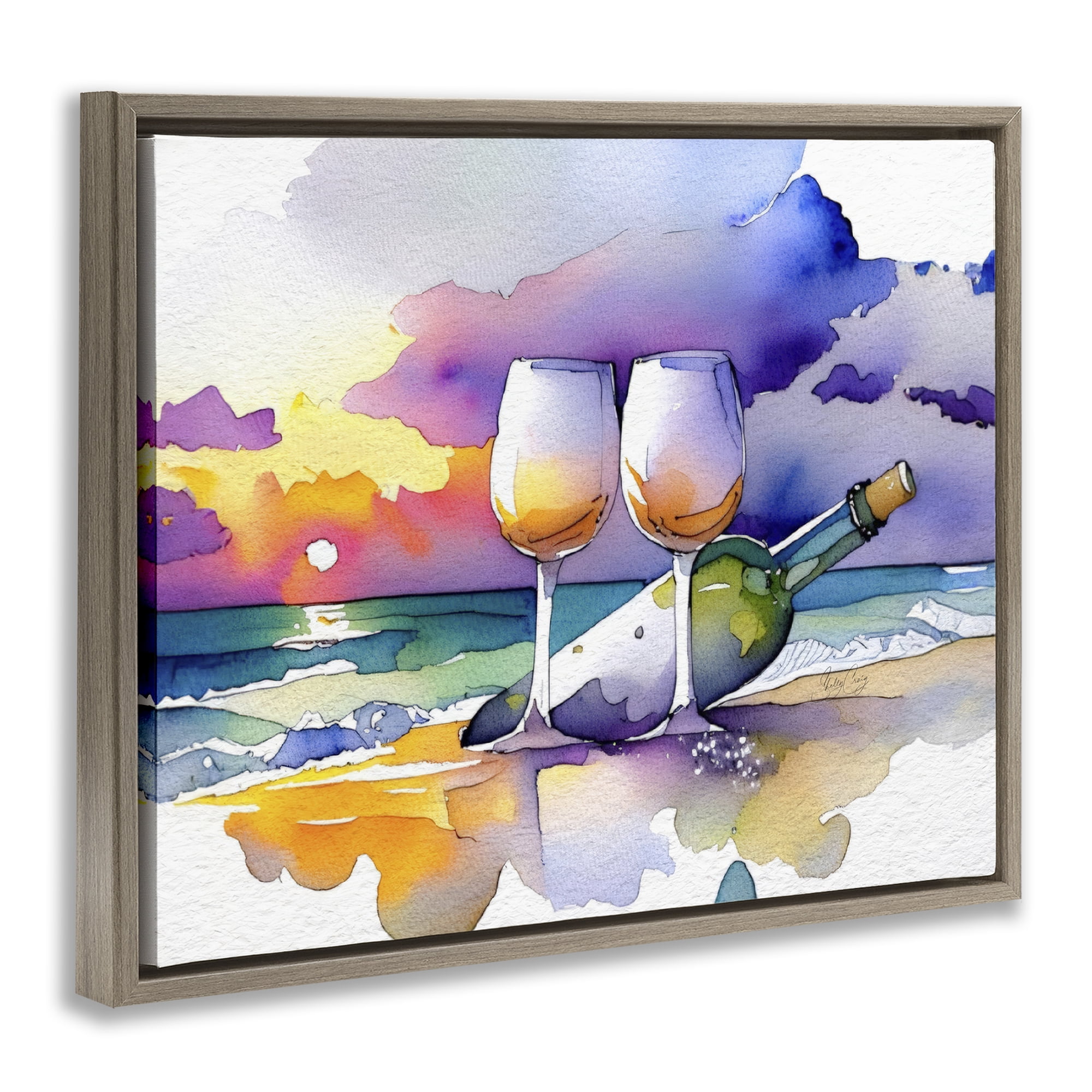 Stupell Industries Coastal Cheers with Wine Brown Framed Floater Canvas Wall Art, design by Shelly Craig