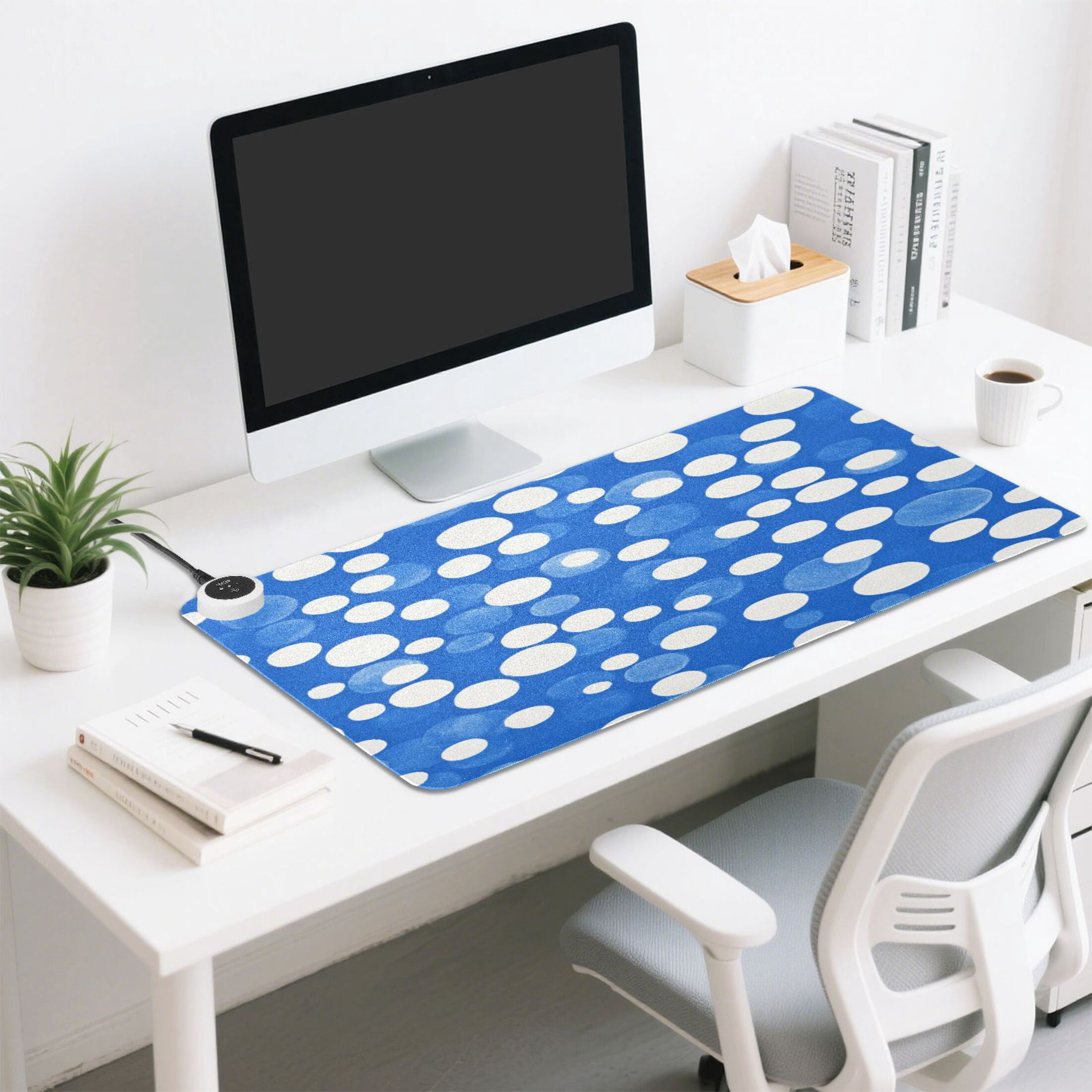 Large Heated Desk Mat Mouse Pad 31.5"x13"PU Leather Graphene Heating Desk Warmer with 3 Temperature Settings 110V US Plug Non-Slip Warm Pad for Home, Office, and Gaming Blue White Polka Dot