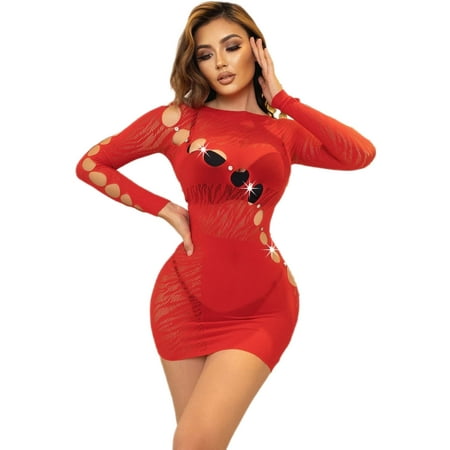 SkyAuks Babydoll Dress for Women  See Through Lingerie  Rhinestone Cut Out One Piece Bodysuit  Women s Sexy Transparent Mesh Dress  Fishnet Lingerie Set  Red