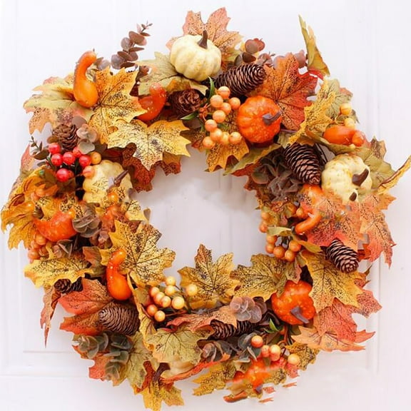 20" Thanksgiving Wreath for Front Door - Fall Decor with Pumpkins & Maple Leaves, All-Weather Outdoor Autumn Harvest Decorations