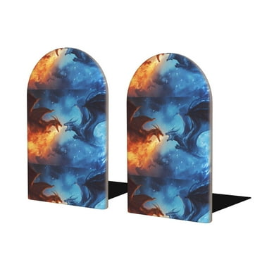 Qekee Red And Blue Fire Dragon A for Shelves, Non-Slip Bookends, Wood Book EndsDuty Wooden Bookend Support for Books and Movies (1 Pair)