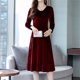 thumbnail image 3 of Vestido midi de terciopelo de manga larga y cintura alta para mujer - Vestido de cóctel de invierno/primavera, corte ajustado, cuello alto, color liso, 3 of 7