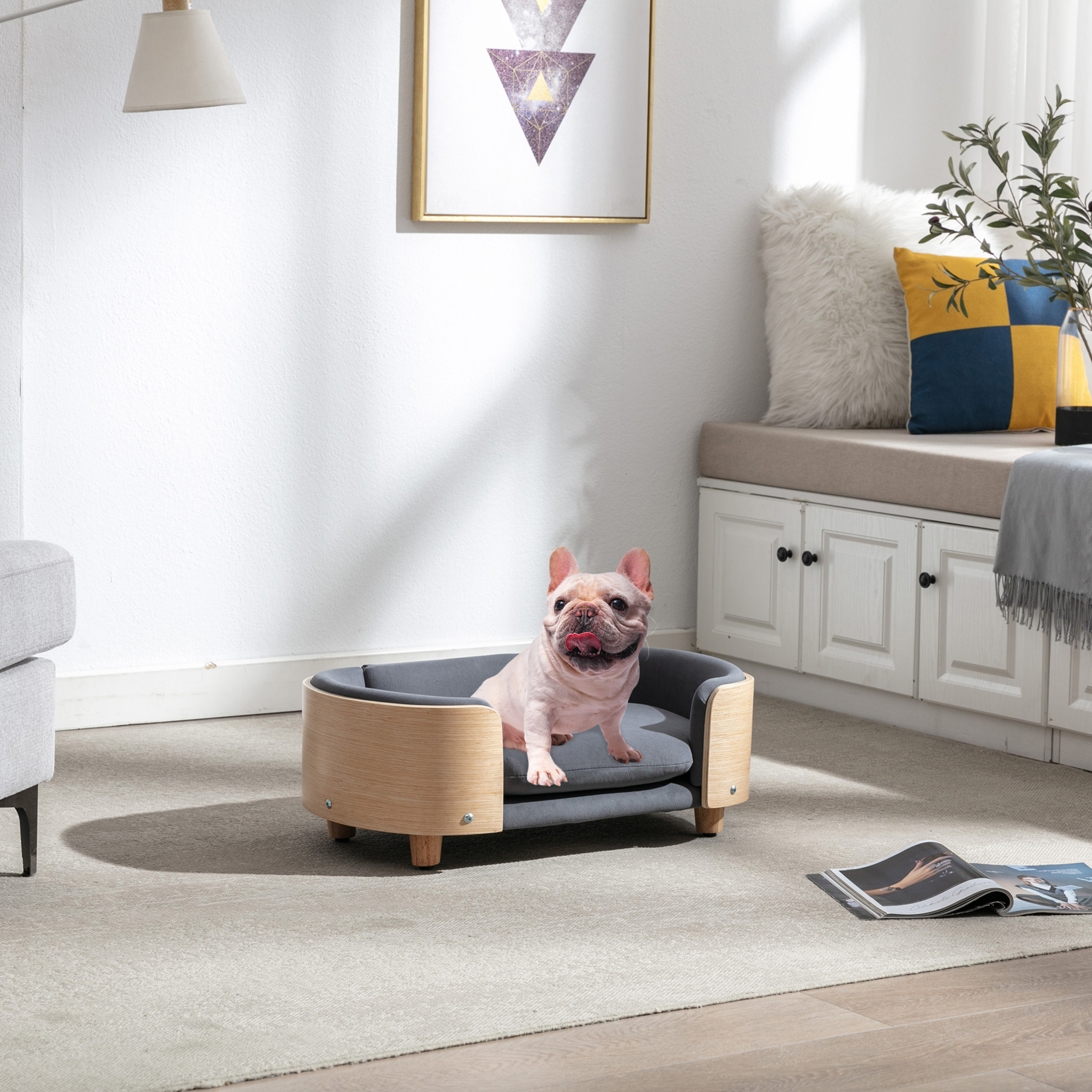 Noble House Scandinavian Elevated Small Dog Bed, Pet Sofa with Solid Wood Frame, Dark Gray and Natural