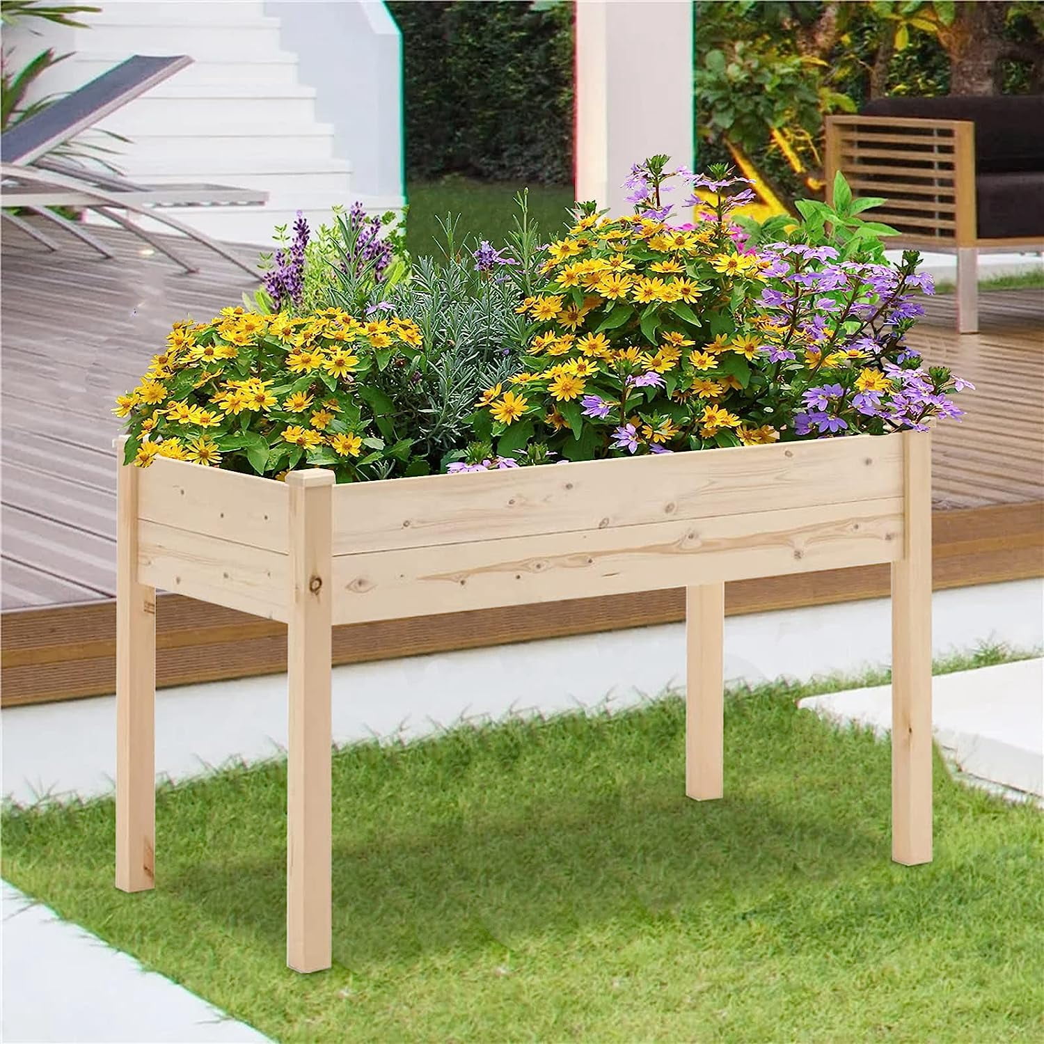 SOLAURA Raised Garden Bed 48x22x30in Outdoor Elevated Wood Planter Box for Flower, Fruits, Herbs and Vegetables - Natural