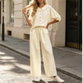 thumbnail image 4 of Uootdi Women's 2 Piece Matching Lounge Set Puff Sleeve Peter Pan Collar Button Top Drawstring Wide Leg Linen Pants Set with Pockets, 4 of 7