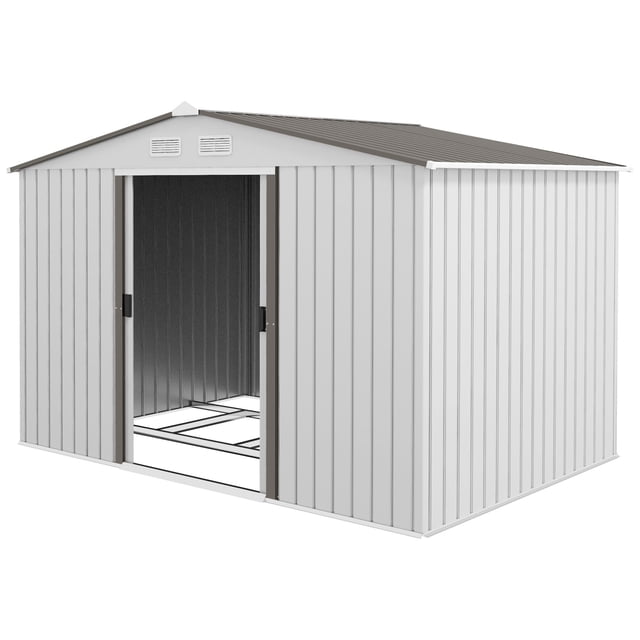 9.1' x 6.4' Silver Metal Garden Storage Shed w/ Foundation Kit - Durable Tool & Equipment House for Patio & Backyard Use