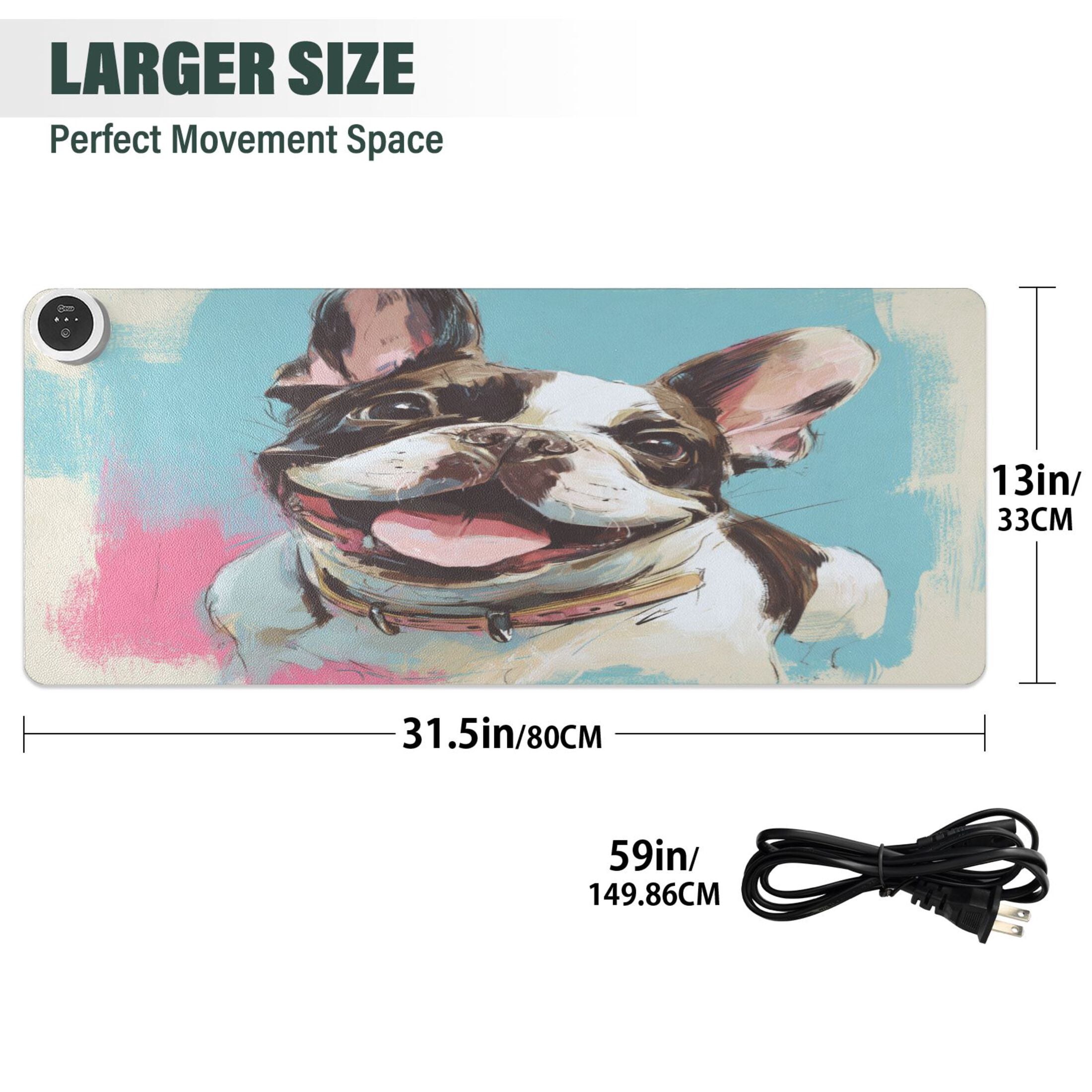 Large Heated Desk Mat Mouse Pad 31.5"x13"PU Leather Graphene Heating Desk Warmer with 3 Temperature Settings 110V US Plug Non-Slip Warm Pad for Home, Office, and Gaming Happy Frenchie Pop Portrait