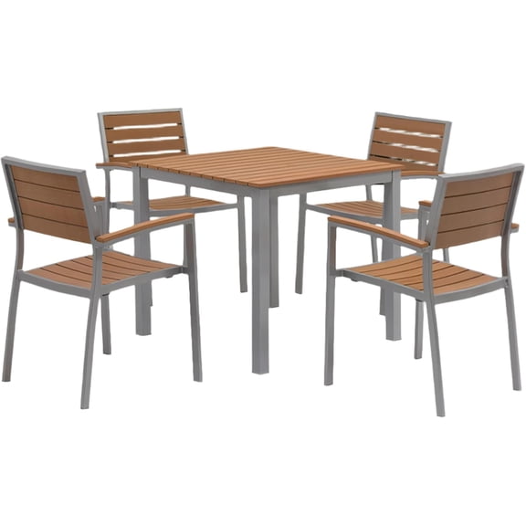 Fohfurniture Outdoor Patio Armchair Set of 4, Aluminum Frame with Plastic Wood Slats, Lightweight Dining Chairs for Garden Poolside Balcony, Teak Brown Finish, 22x33