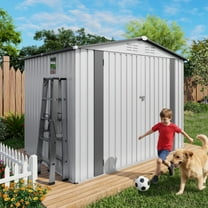Vigo huseeo 8x5.7x6FT Metal Outdoor Storage Shed with Window & Lockable Door, Tool Shed for Backyard Patio Garden (White&Gray)