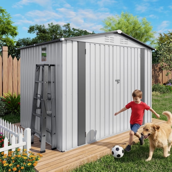 Vigo huseeo 8x5.7x6FT Metal Outdoor Storage Shed with Window & Lockable Door, Tool Shed for Backyard Patio Garden (White&Gray)