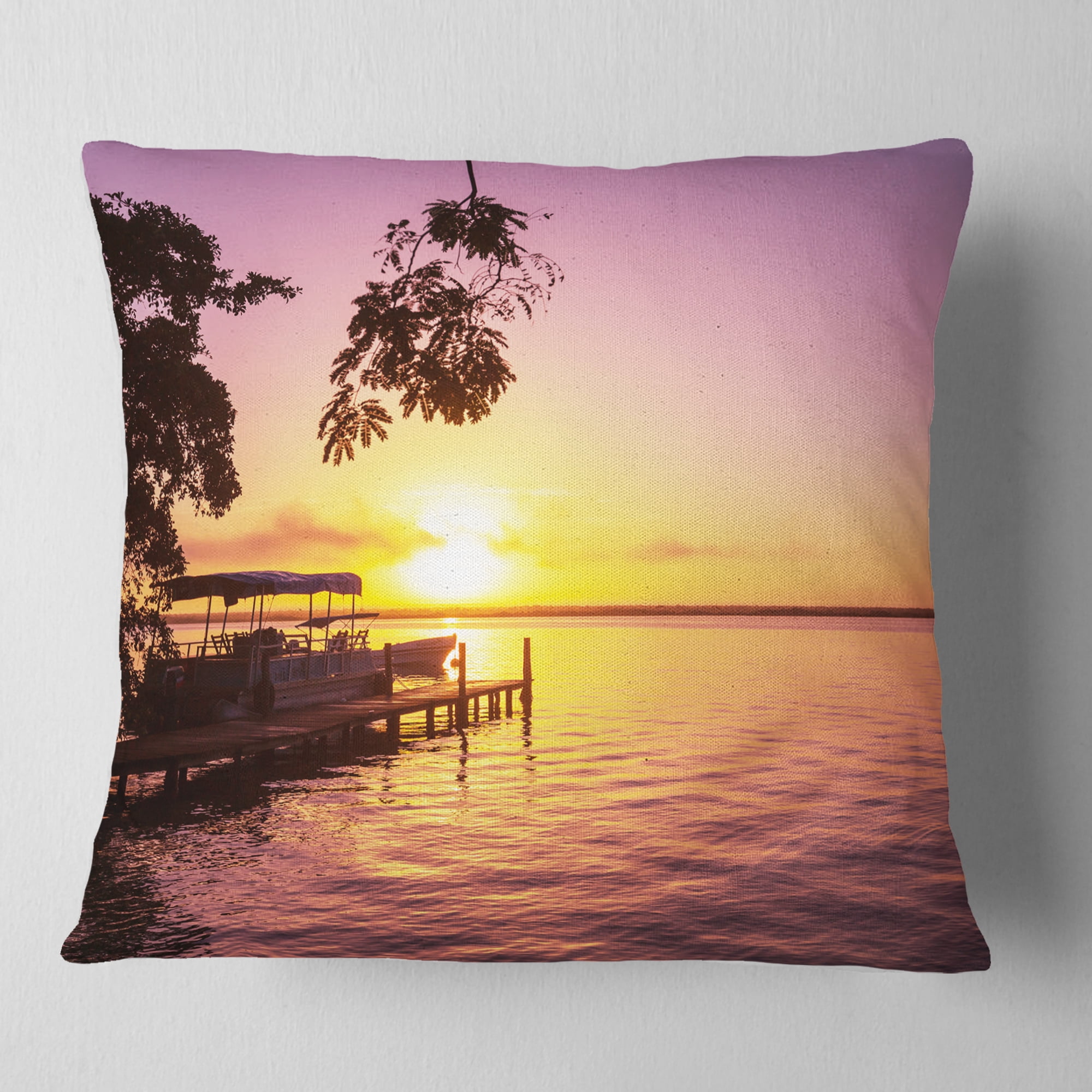 Designart Tropical Beach with Fantastic Sunset - Landscape Printed Throw Pillow - 16x16