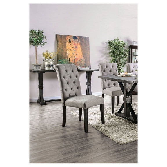 Side Chairs Set of 2, Antique Black/Light Gray, Linen-Like Fabric, Solid Wood Dining Chairs, Button Tufted, Scroll Back, Rustic Kitchen Furniture