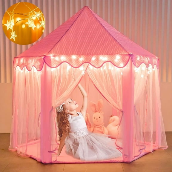 AOKESI Princess Castle Playhouse Tent, Girls Indoor Hexagon Playhouse with Fairy Star Lights，Pink