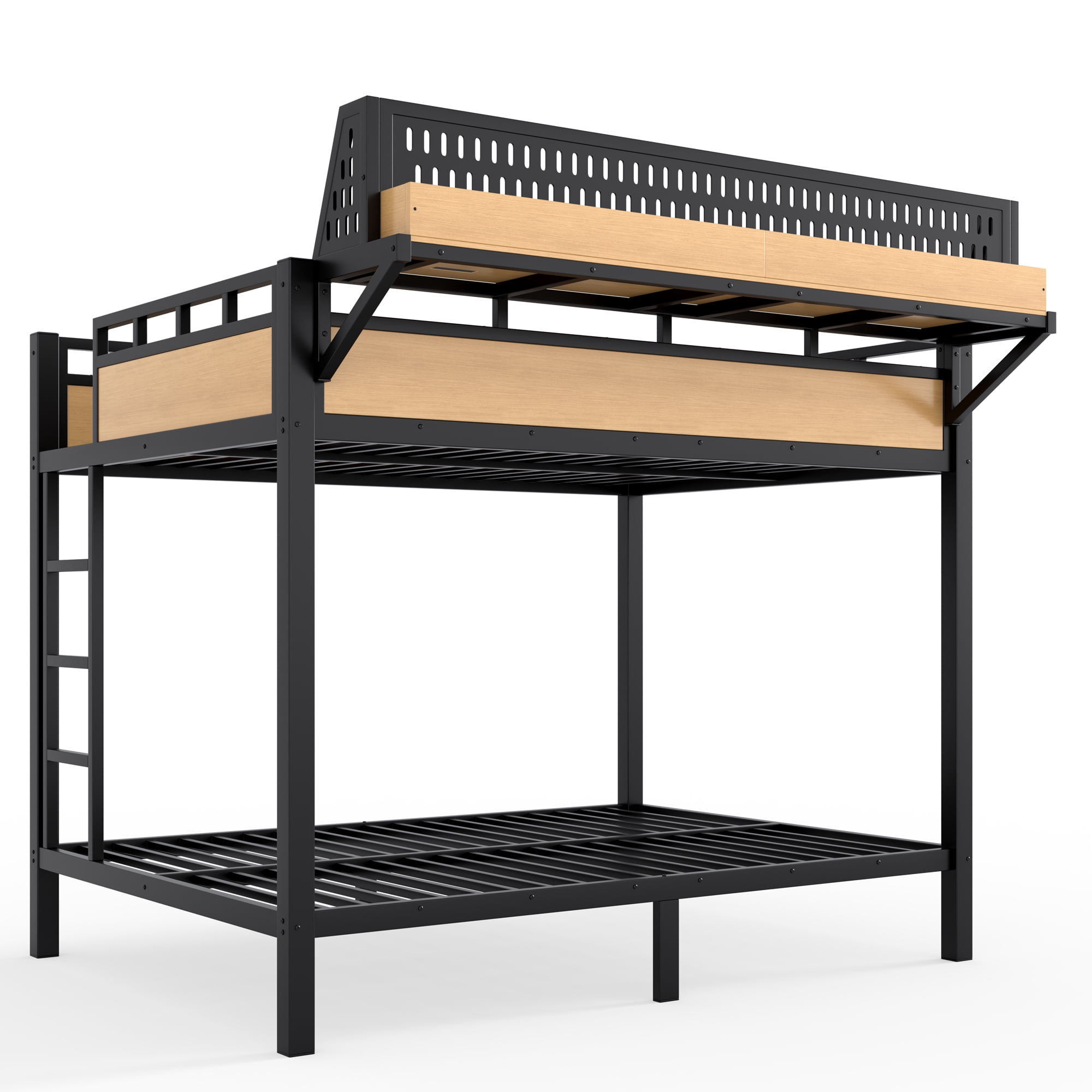 Leumius Metal Bunk Bed with Storage Shelves and Pegboard,Full over Full Size Bunk Bed Frame with USB Ports and LED Lights, Space-Saving,Natural
