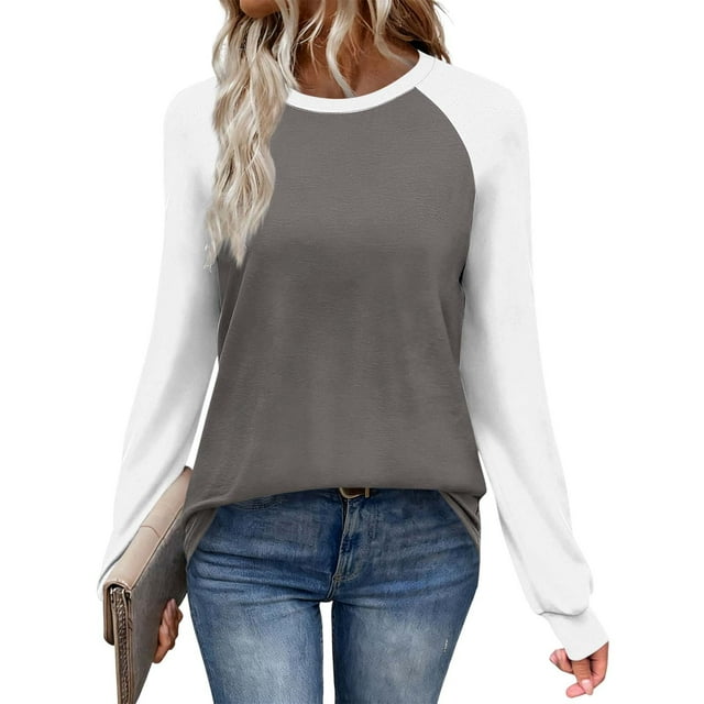 HongQid Long Sleeve Shirts for Women Color Block Raglan Tops Casual Crewneck Basic Tees Spring Fall Clothes 2026 Fashion