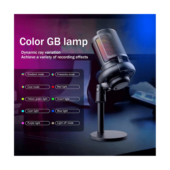 USB Gaming Condenser Microphone Computer Recording Microphone RGB Lighting Capacitor Microphone White