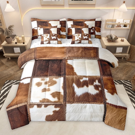 Homewish Country Farm Cowhide 7-Piece Twin Bedding Sets,Rustic Farmhouse Cabin Bedding Comforter Set,Patchwork Cow Hide Sheet Sets For Men Women,Ultra Soft Home Decor Reversible