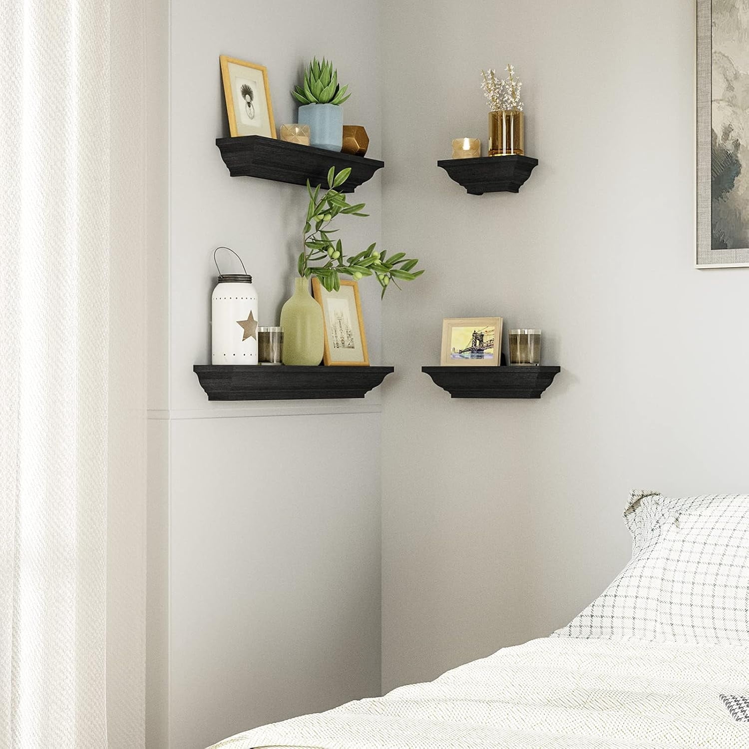Black Floating Shelves, Solid Wood Storage Wall Shelves Set of 4 Display Ledge Shelves Decor for Bedroom, Living Room, Bathroom, Kitchen - Black