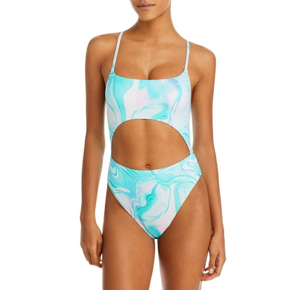 AQUA Swim Swirl Print Cutout One Piece Swimsuit Turq Multi Size XS B4HP