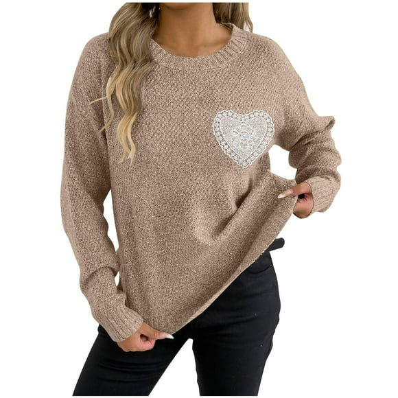 Lenpel Women's Sweaters Casual Long Sleeve Crew Neck Curved Hem Knit Pullover Sweater Tops Fall Winter Clothes(Khaki,Small)