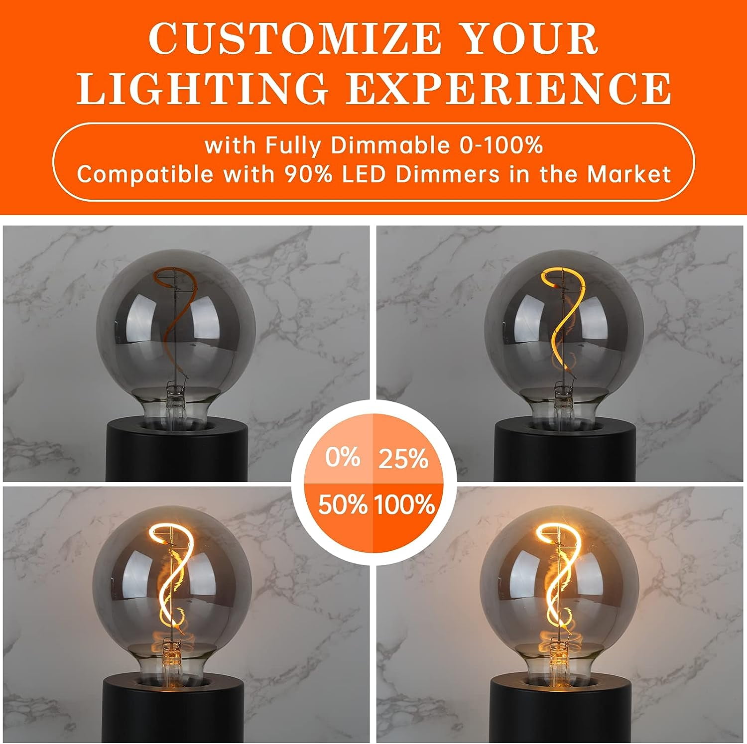 OMED G95/G30 Smoke Grey Large Globe Dimmable LED Edison Bulbs 2 Pack, 4W 2200K Warm White Mirrored Decorative Light Bulbs 40 Watt Equal, E26 Round Edison Bulbs for Bedroom Bathroom and Living Room