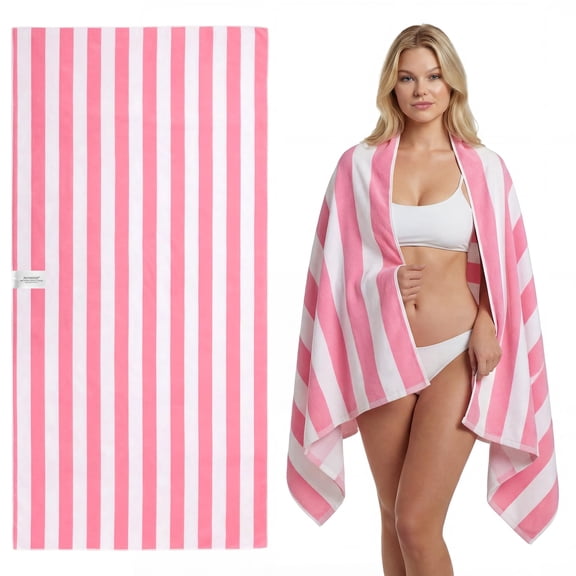JOYMOOP 3 PCS Beach Towel with Travel Storage Bag, 69.3” x 34.6” 100% Polyester Fiber Highly Absorbent Bath Towels for Beach, Quick Dry Sand Free Lightweight Towels, Hot Pink & White
