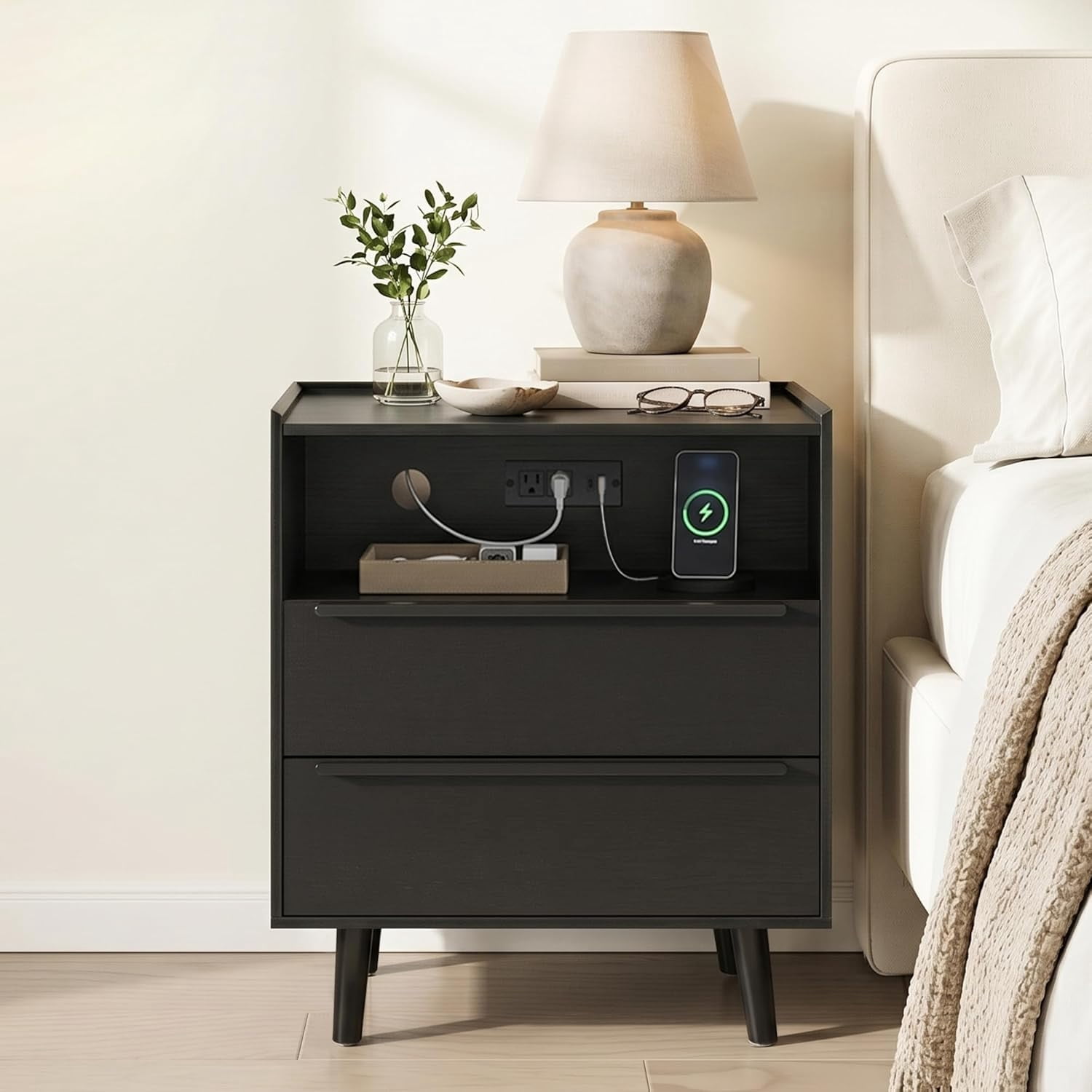 26" Tall Black Nightstand Set of 2 with Charging Station, 2 Drawer Modern Bedside Tables with Tray Top, USB & Type-C Ports and AC Outlets for Bedroom or Living Room