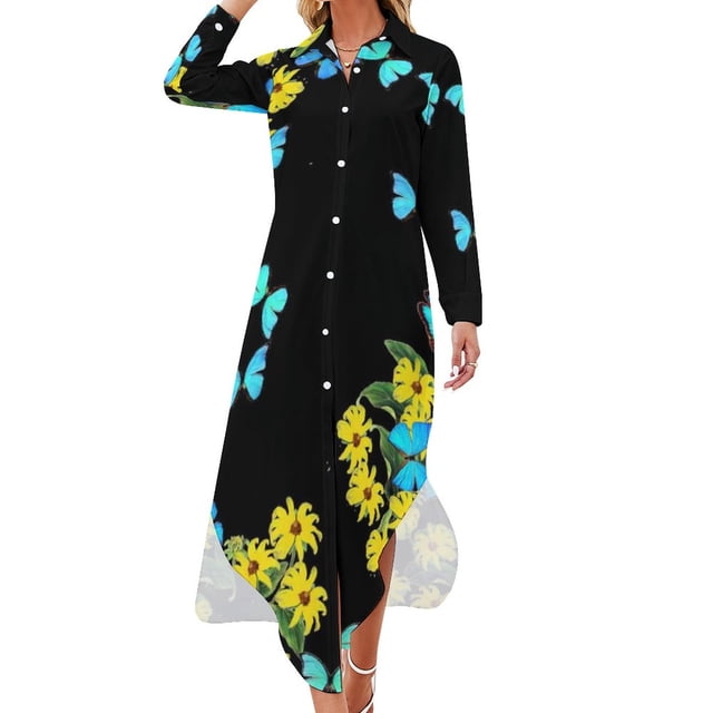 Morpho Robe en Chiffon à Fleurs Papillon Sexy Col en V Papillons Bleus Robes de Festival Vintage Femme Tenue de Rue Robe Décontractée Cadeau