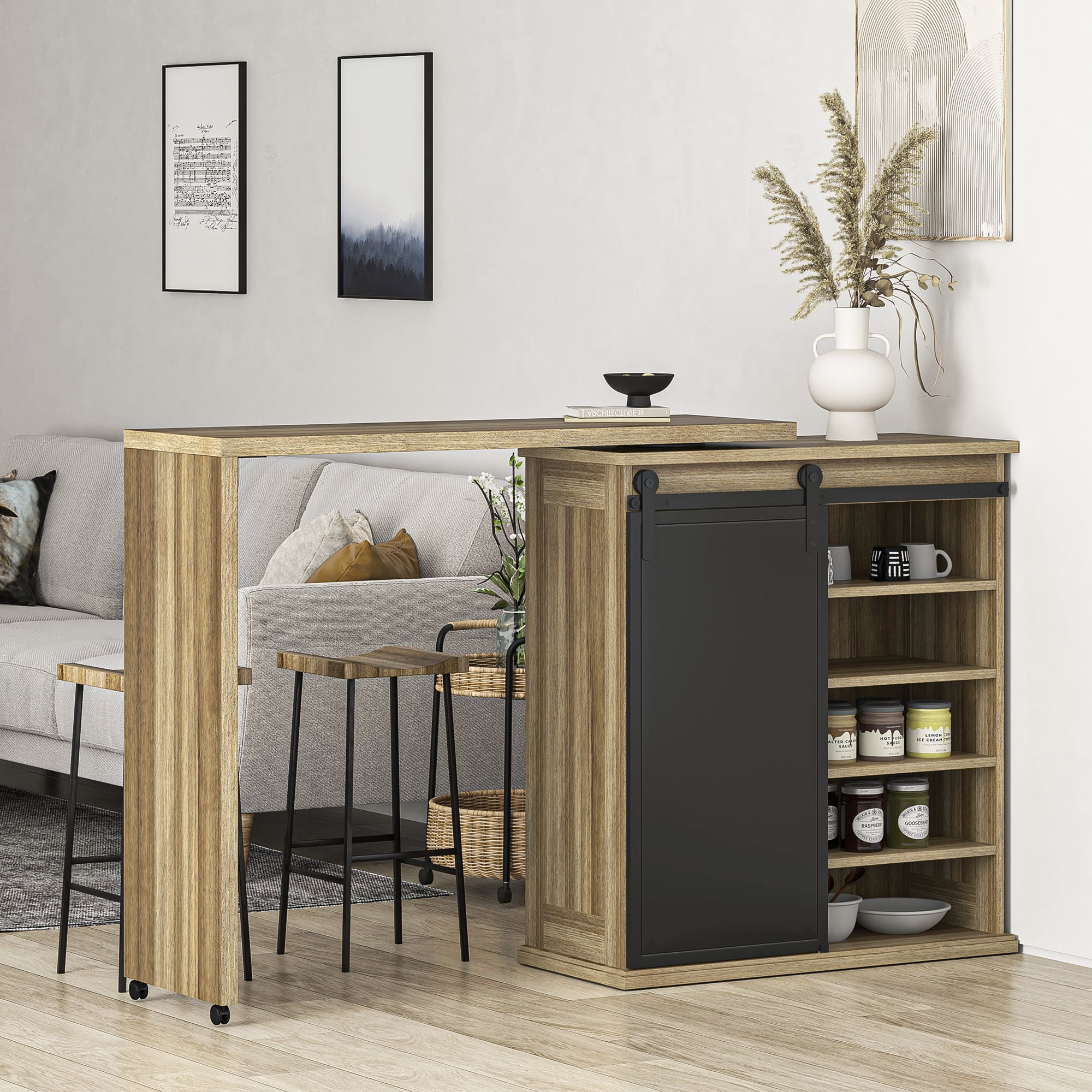 Kadyn 360° Rotatable Buffet Cabinet, Free Rotating Coffee Bar Table, Bar Cabinet Sideboard with Barn Sliding Door, Vintage Brown