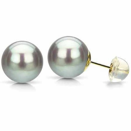 6-7mm Grey Perfect Round High-Luster Freshwater Pearl 14kt Yellow Gold Stud Earrings