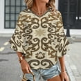 thumbnail image 3 of Ornate Beige Brown Pattern Rug Women's V-Neck Blouse With 3/4 Ruffled Bell Sleeves Casual Top Ladies Blouses, 3 of 7