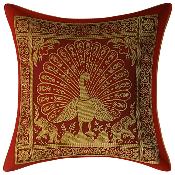 Stylo Culture Indian Zippered Brocade Red And Gold Throw Pillow Covers 12x12 Jacquard Weave Banarsi Sofa Boho Throw Pillow Covers Dancing Peacock Floral 30x30 cm Decorative Cushion Covers (1 Pc)